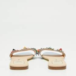 مملوكة مسبقًا صندل سلايد فندي فلات مورد جلد أزرق لامع مقاس 40