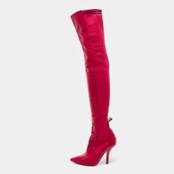 Pre Owned Fendi Red Leather And Striped Fabric Thigh High Boots Size 38