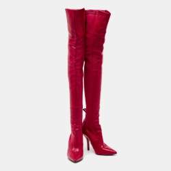 Pre Owned Fendi Red Leather And Striped Fabric Thigh High Boots Size 38