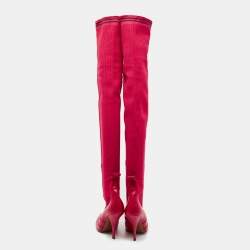 Pre Owned Fendi Red Leather And Striped Fabric Thigh High Boots Size 38