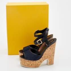 Pre Owned صندل فندي جلد نقشة السحلية ودينم أزرق كحلي/أسود كعب روكي فينيل نعل سميك بحزام للكاحل مقاس 36