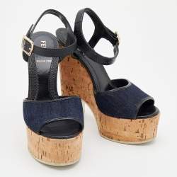 Pre Owned صندل فندي جلد نقشة السحلية ودينم أزرق كحلي/أسود كعب روكي فينيل نعل سميك بحزام للكاحل مقاس 36