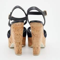 Pre Owned صندل فندي جلد نقشة السحلية ودينم أزرق كحلي/أسود كعب روكي فينيل نعل سميك بحزام للكاحل مقاس 36