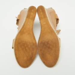 Pre Owned Fendi Beige Patent Leather And Elastic Fabric Carioca Wedge Espadrille Sandals Size 37.5