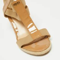 Pre Owned Fendi Beige Patent Leather And Elastic Fabric Carioca Wedge Espadrille Sandals Size 37.5