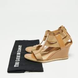 Pre Owned Fendi Beige Patent Leather And Elastic Fabric Carioca Wedge Espadrille Sandals Size 37.5