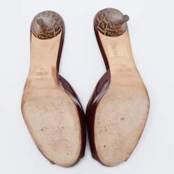 Pre Owned Fendi Burgundy Patent Leather FF Superstar Peep Toe Mules Size 41