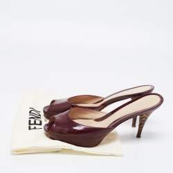 Pre Owned Fendi Burgundy Patent Leather FF Superstar Peep Toe Mules Size 41