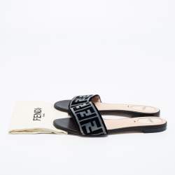 Pre Owned Fendi White/Black Logo Printed Velvet Flat Slides Size 39