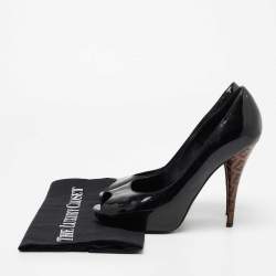 Pre Owned Fendi Black Patent Leather Zucca Print Heel Peep-Toe Pumps Size 38.5