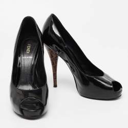 Pre Owned Fendi Black Patent Leather Zucca Print Heel Peep-Toe Pumps Size 38.5