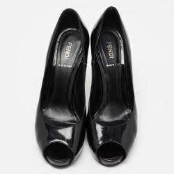 Pre Owned Fendi Black Patent Leather Zucca Print Heel Peep-Toe Pumps Size 38.5