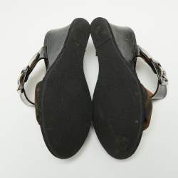 Pre Owned Fendi Brown/Black Zucca Canvas and Patent Leather Wedge Slide Sandals Size 37.5