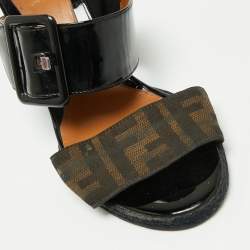 Pre Owned Fendi Brown/Black Zucca Canvas and Patent Leather Wedge Slide Sandals Size 37.5