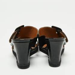 Pre Owned Fendi Brown/Black Zucca Canvas and Patent Leather Wedge Slide Sandals Size 37.5