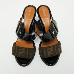 Pre Owned Fendi Brown/Black Zucca Canvas and Patent Leather Wedge Slide Sandals Size 37.5