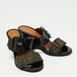 Pre Owned Fendi Brown/Black Zucca Canvas and Patent Leather Wedge Slide Sandals Size 37.5