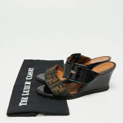 Pre Owned Fendi Brown/Black Zucca Canvas and Patent Leather Wedge Slide Sandals Size 37.5