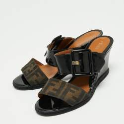 Pre Owned Fendi Brown/Black Zucca Canvas and Patent Leather Wedge Slide Sandals Size 37.5