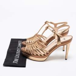 Pre Owned Fendi Metallic Gold/Bronze Leather T Strap Platform Sandals Size 39