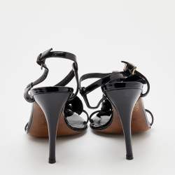Pre Owned Fendi Black Patent Leather Appliqued Flower T-Strap Sandals Size 37.5