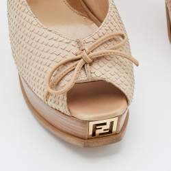 Pre Owned Fendi Beige Python Embossed Leather Fendista Peep Toe Platform Slingback Sandals Size 40