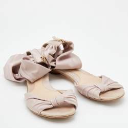 Fendi Metallic Light Pink Stretch Fabric And Leather Ankle Flat Sandals Size 40.5