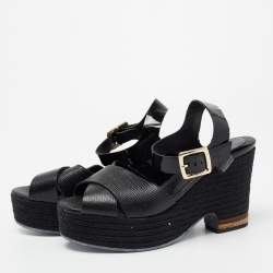 Pre Owned Fendi Black Lizard Embossed Leather and Patent Leather Hydra Ankle Strap Espadrille Sandals Size 39