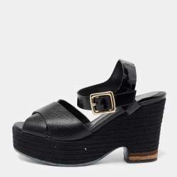 Pre Owned Fendi Black Lizard Embossed Leather and Patent Leather Hydra Ankle Strap Espadrille Sandals Size 39
