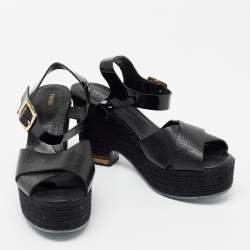 Pre Owned Fendi Black Lizard Embossed Leather and Patent Leather Hydra Ankle Strap Espadrille Sandals Size 39