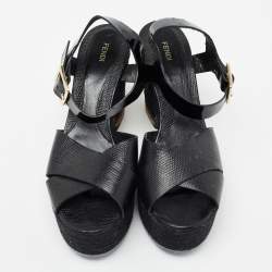 Pre Owned Fendi Black Lizard Embossed Leather and Patent Leather Hydra Ankle Strap Espadrille Sandals Size 39
