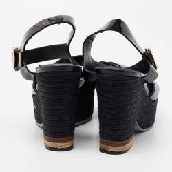 Pre Owned Fendi Black Lizard Embossed Leather and Patent Leather Hydra Ankle Strap Espadrille Sandals Size 39