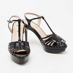 Pre Owned Fendi Black Patent Leather Strappy Platform Ankle Strap Sandals Size 40