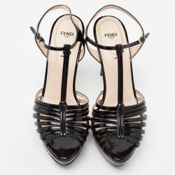 Pre Owned Fendi Black Patent Leather Strappy Platform Ankle Strap Sandals Size 40