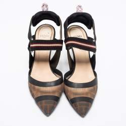 Pre Owned Fendi Brown/Black Zucca Mesh and Leather Colibri Slingback Pumps Size 38