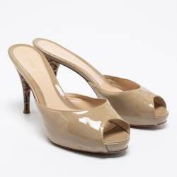 Pre Owned Fendi Taupe Patent Leather Peep-Toe Zucca Heel Slide Sandals Size 38.5