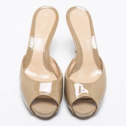 Pre Owned Fendi Taupe Patent Leather Peep-Toe Zucca Heel Slide Sandals Size 38.5