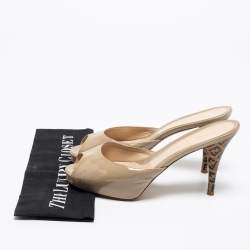 Pre Owned Fendi Taupe Patent Leather Peep-Toe Zucca Heel Slide Sandals Size 38.5