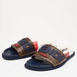 Pre Owned Fendi x Fila Mania Brown Zucca Coated Canvas Logo Applique Flat Slide Sandals Size 39.5