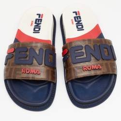 Pre Owned Fendi x Fila Mania Brown Zucca Coated Canvas Logo Applique Flat Slide Sandals Size 39.5