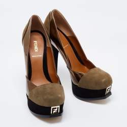 Pre Owned Fendi Olive Green /Gold Suede and Patent Leather Fendista Platform Pumps Size 37