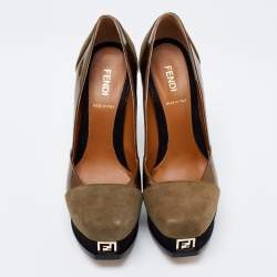 Pre Owned Fendi Olive Green /Gold Suede and Patent Leather Fendista Platform Pumps Size 37
