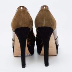 Pre Owned Fendi Olive Green /Gold Suede and Patent Leather Fendista Platform Pumps Size 37