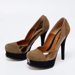Pre Owned Fendi Olive Green /Gold Suede and Patent Leather Fendista Platform Pumps Size 37