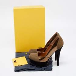 Pre Owned Fendi Olive Green /Gold Suede and Patent Leather Fendista Platform Pumps Size 37