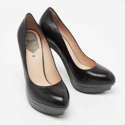 Pre Owned Fendi Black/Grey Leather and Lizard Embossed Heel Platform Pumps Size 37