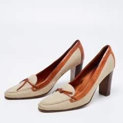 Pre Owned Fendi Beige/Brown Zucca Canvas And Leather Block Heel Pumps Size 36