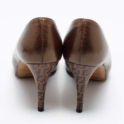 Pre Owned Fendi Brown Leather Zucca Print Heel Peep-Toe Pumps Size 36