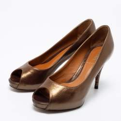 Pre Owned Fendi Brown Leather Zucca Print Heel Peep-Toe Pumps Size 36