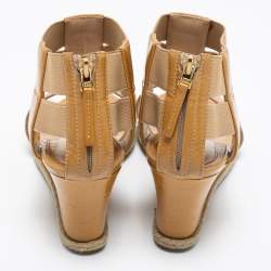Pre Owned Fendi Beige Patent Leather and Elastic T-Strap Espadrille Wedge Sandals Size 36
